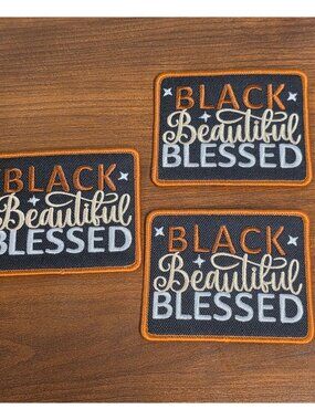 Black Beautiful Blessed Embroidered Iron-On Patches Set Of 3 Black/Orange/White